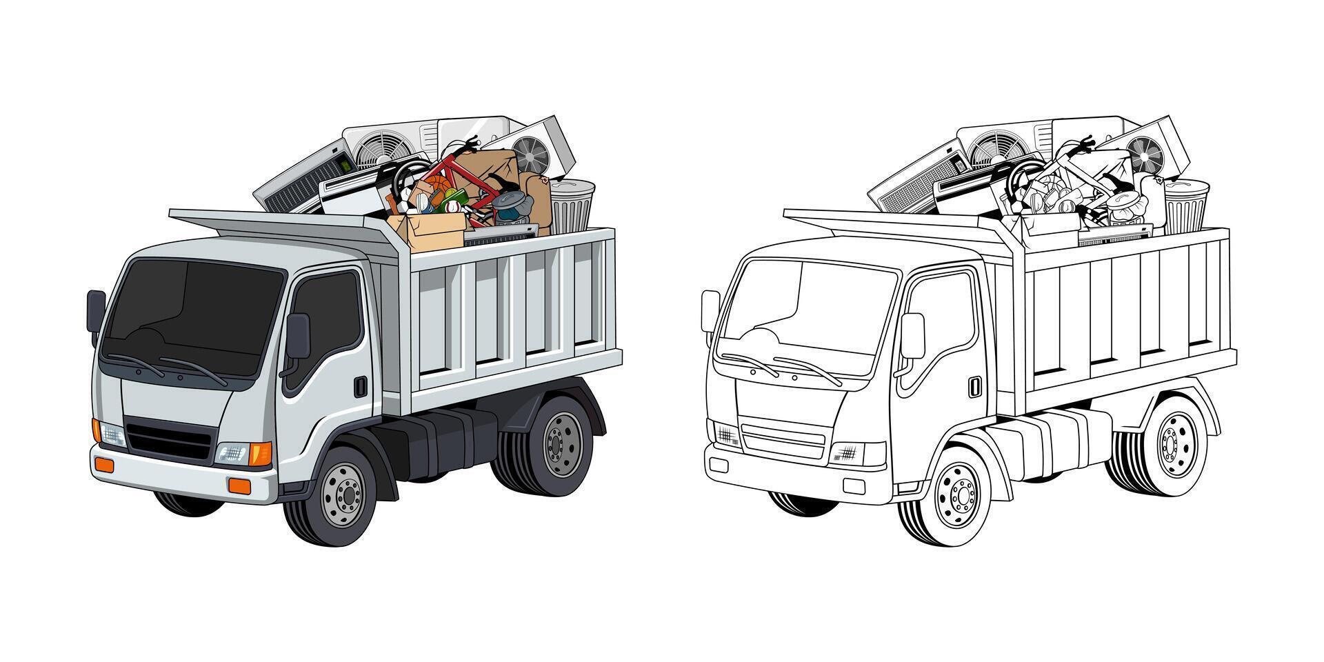 Cartoon of Pickup Truck Loaded Household Junk vector