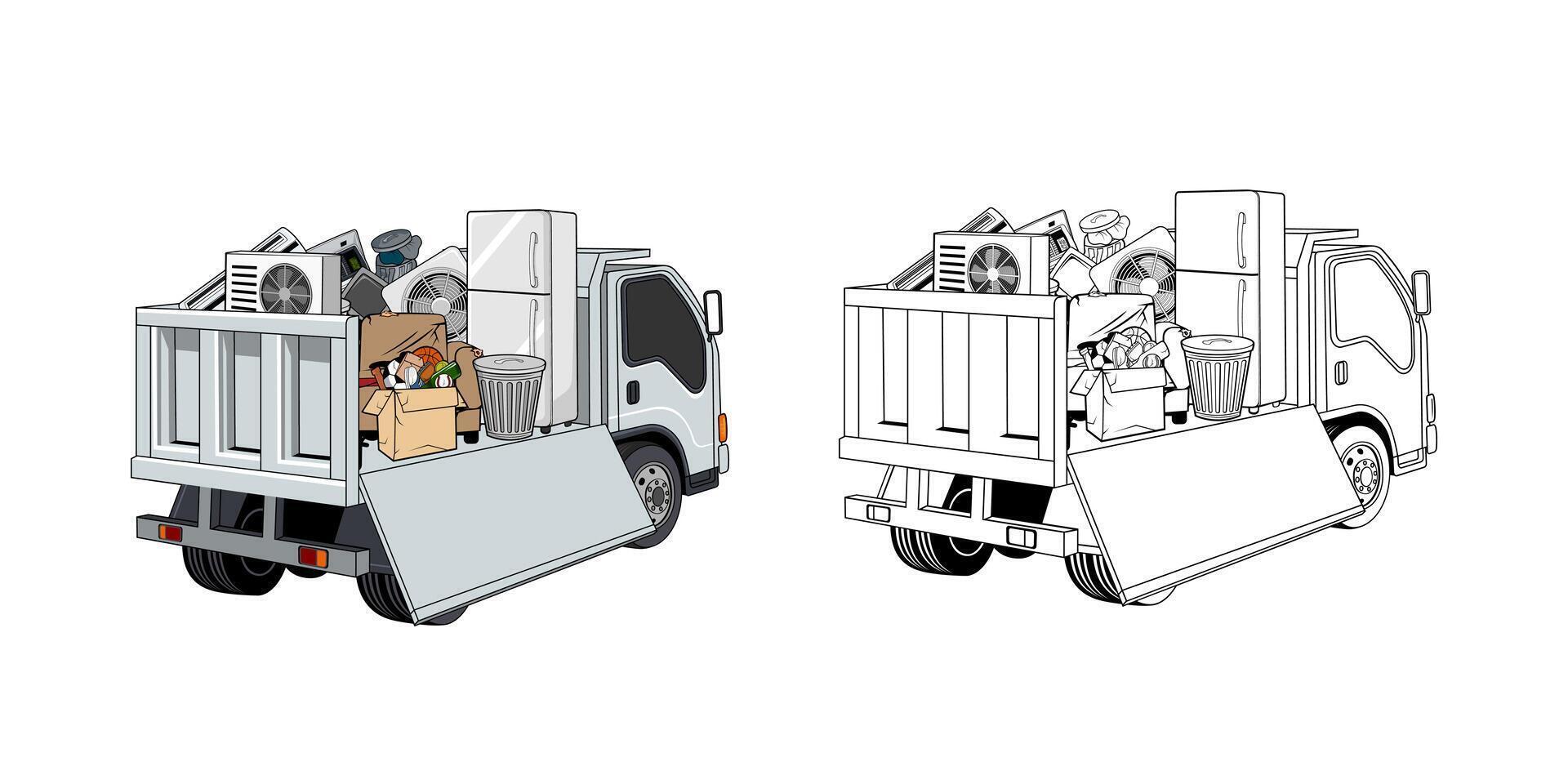 Pickup Truck Loaded Household Junk Side View Cartoon vector