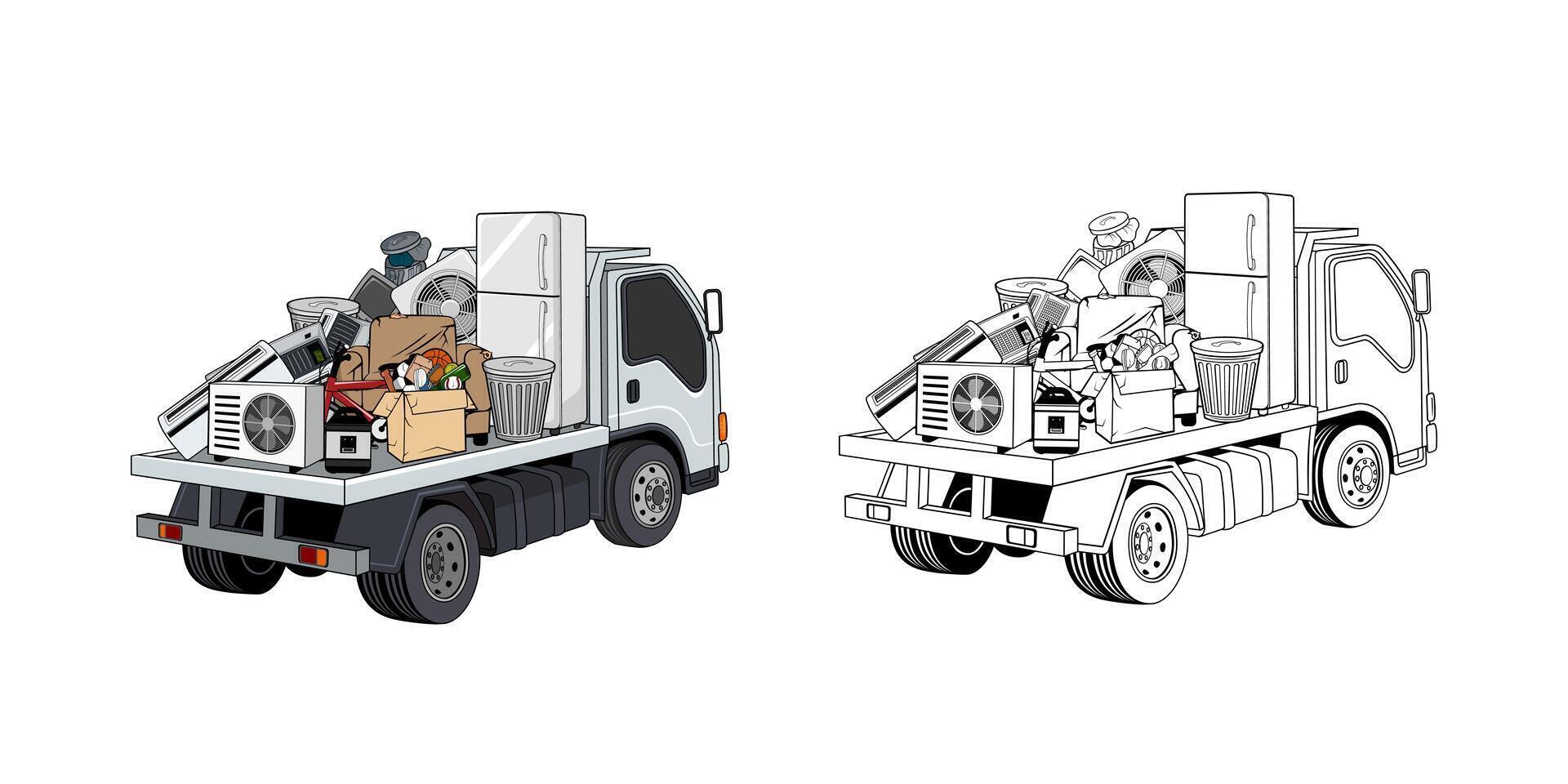 Side View of Pickup Truck Loaded Household Junk Cartoon Design Illustration vector