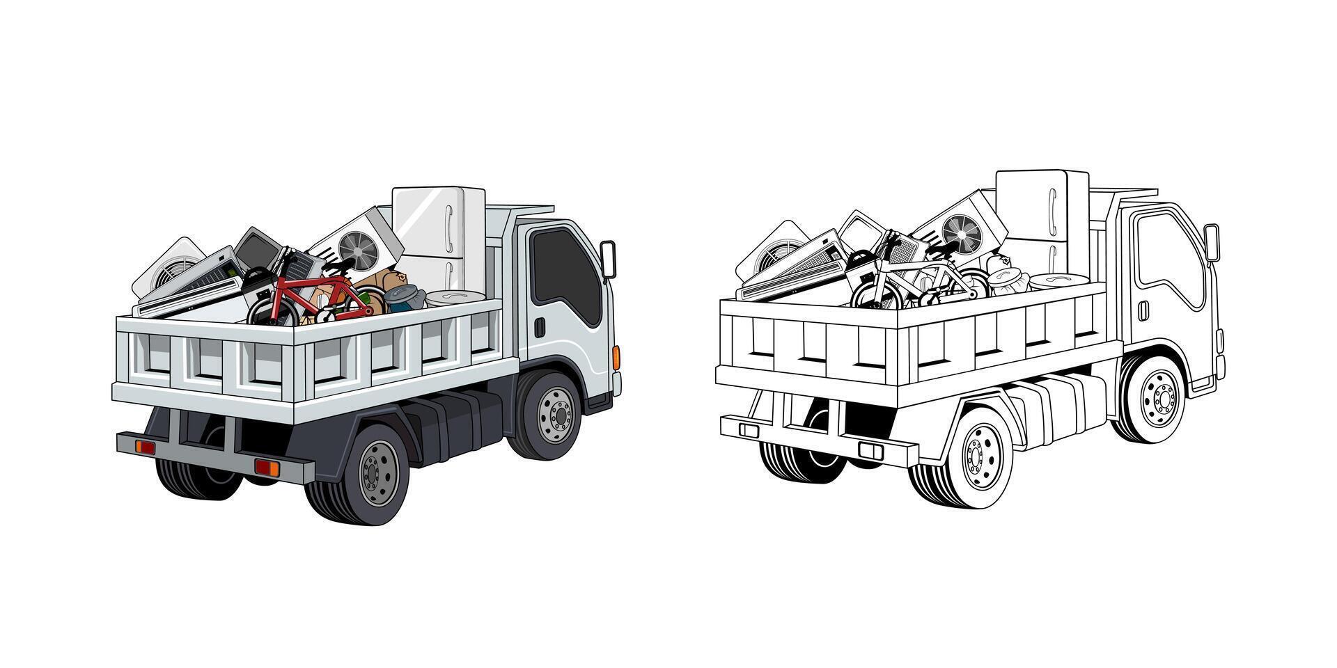 Pickup Truck Loaded Household Junk Side View Cartoon Design Illustration vector