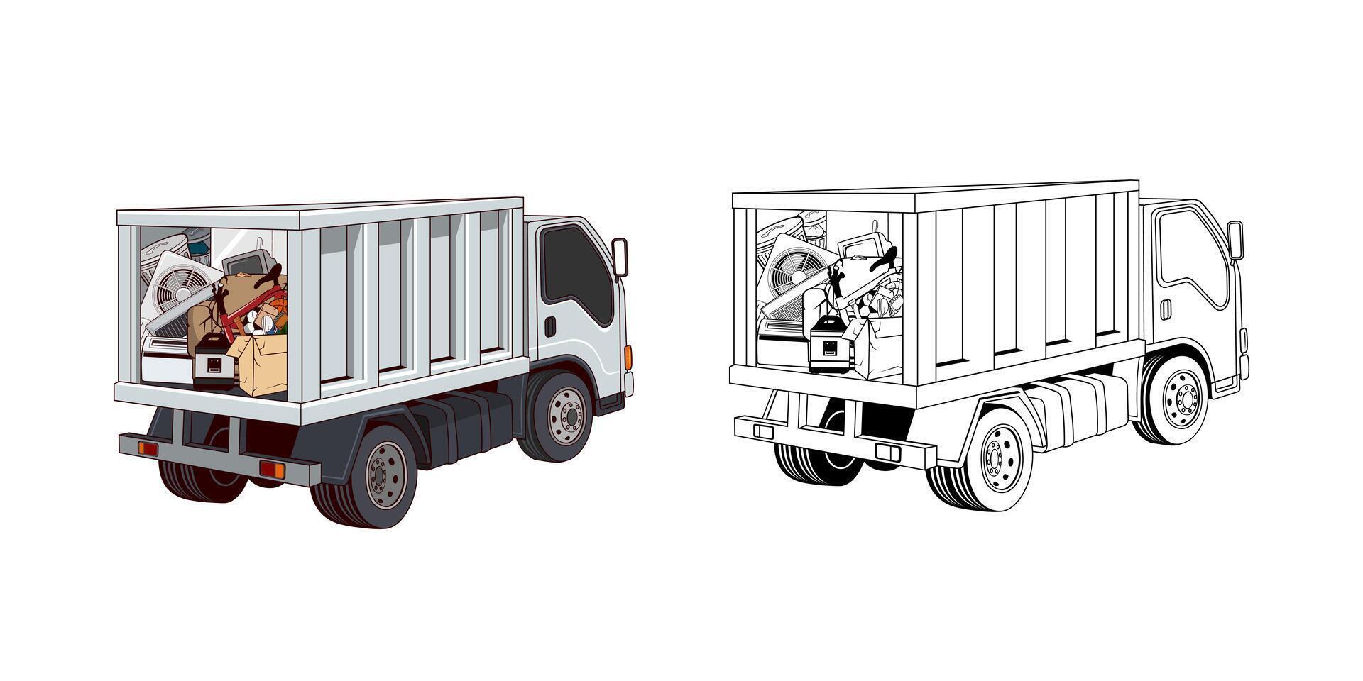 Pickup Truck Loaded Household Junk Back View Cartoon Design Illustration vector