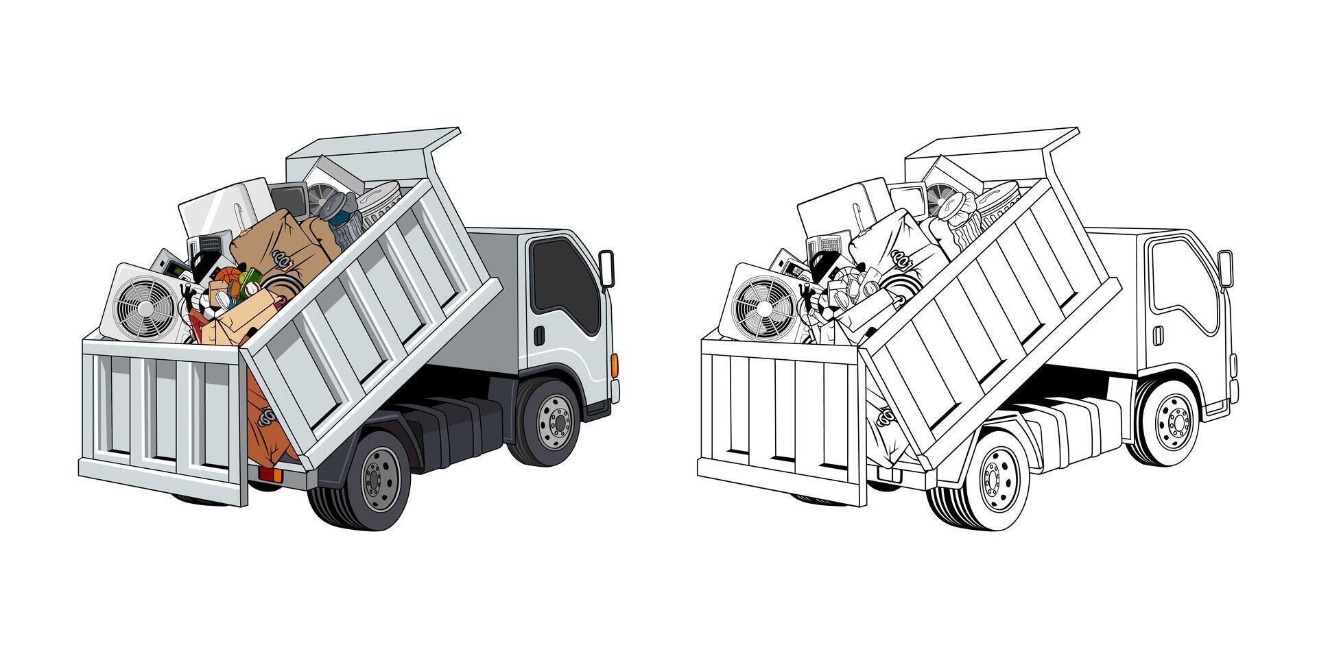 Illustration of Pickup Truck Loaded Household Junk Side View Cartoon vector