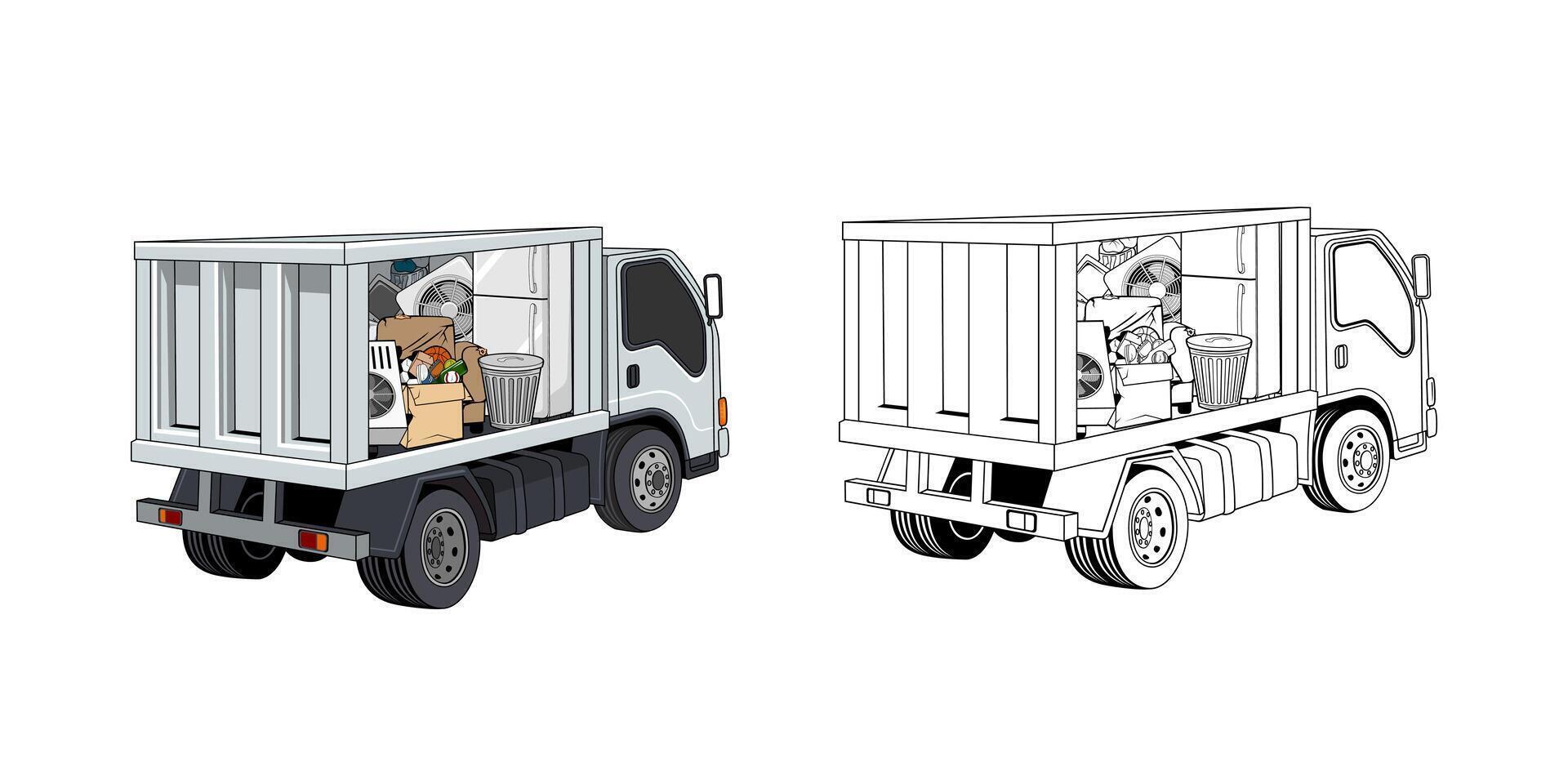 Cartoon of Pickup Truck Loaded Household Junk Side View Design Illustration vector