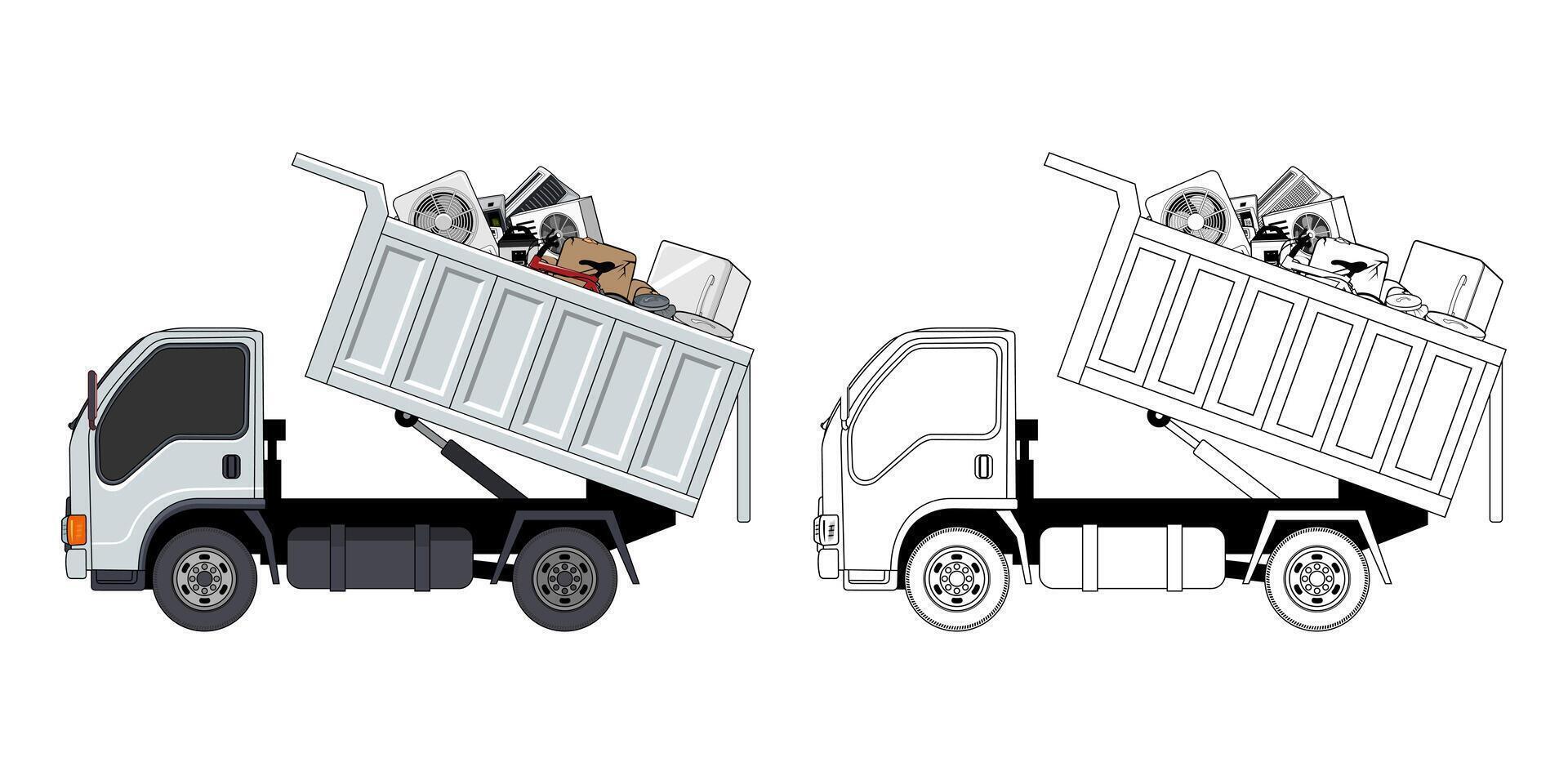 Pickup Truck Loaded Household Junk Side View vector