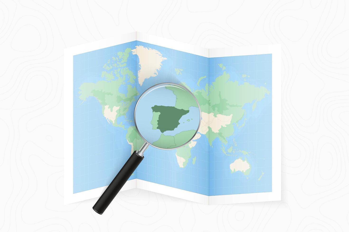 Enlarge Spain with a magnifying glass on a folded map of the world. vector