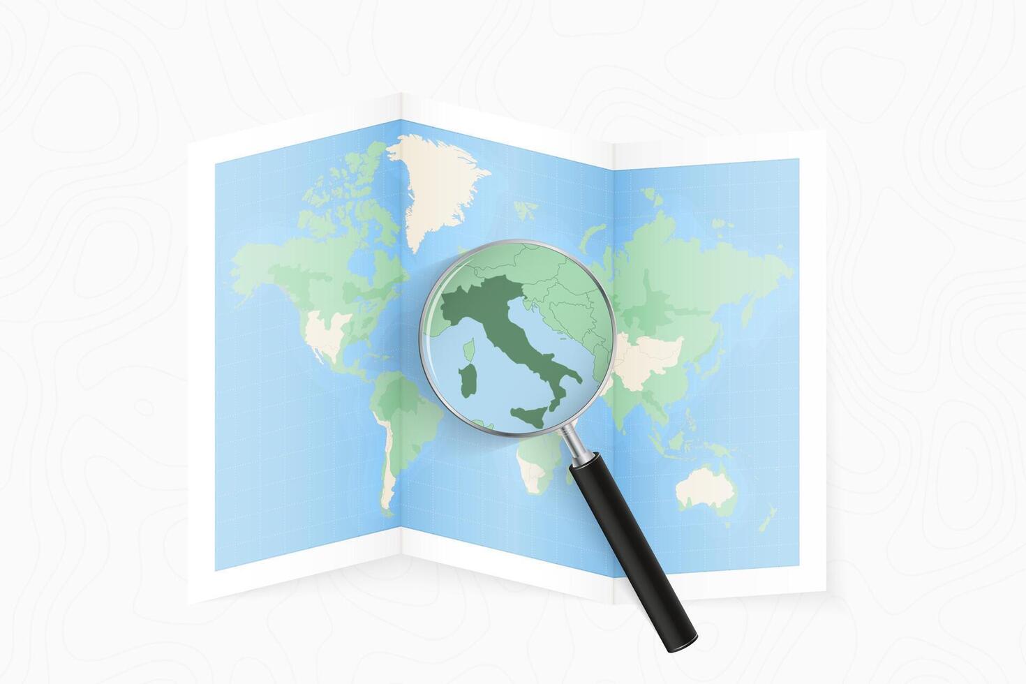Enlarge Italy with a magnifying glass on a folded map of the world. vector