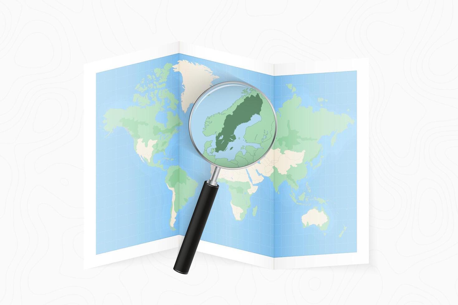 Enlarge Sweden with a magnifying glass on a folded map of the world. vector