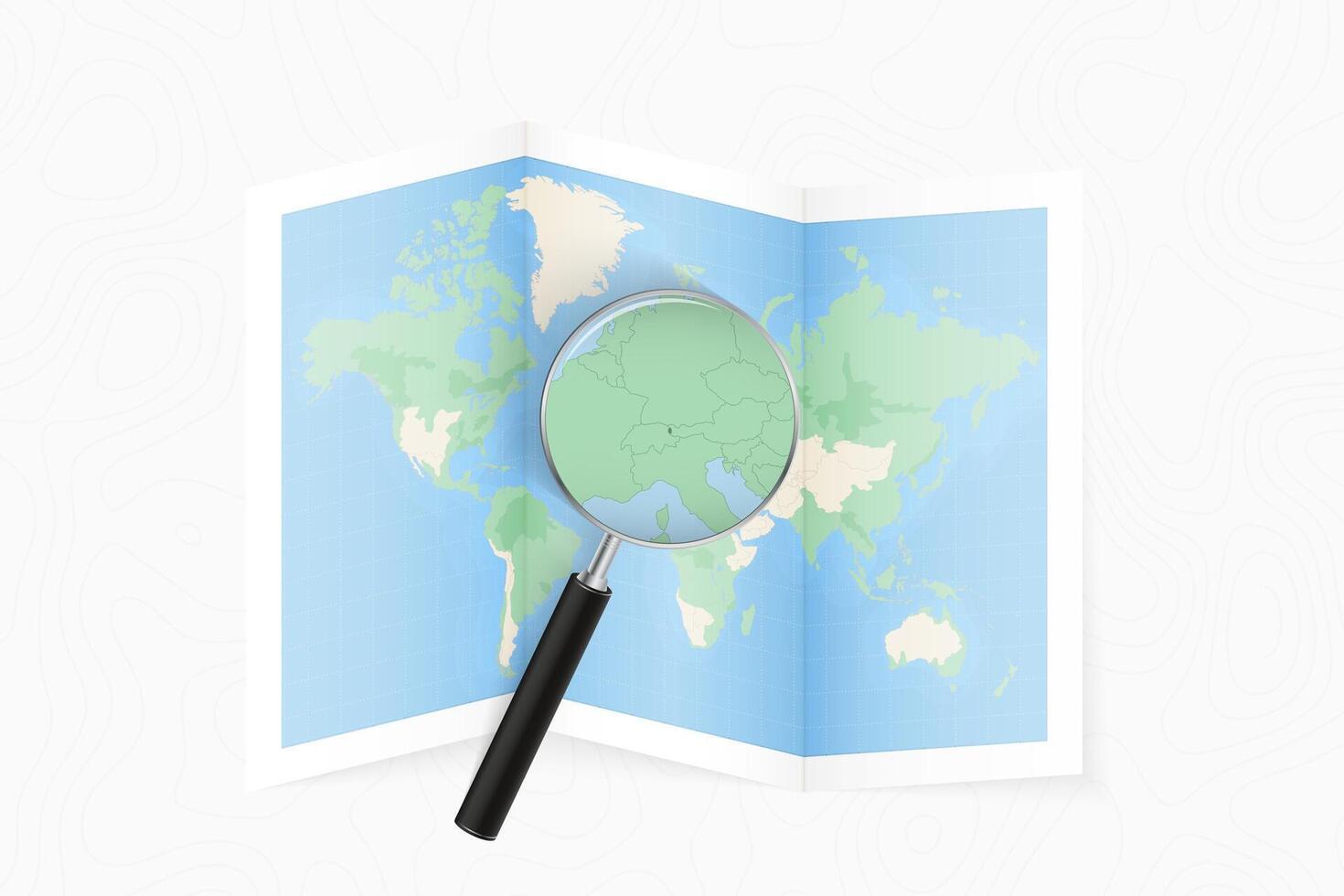 Enlarge Liechtenstein with a magnifying glass on a folded map of the world. vector