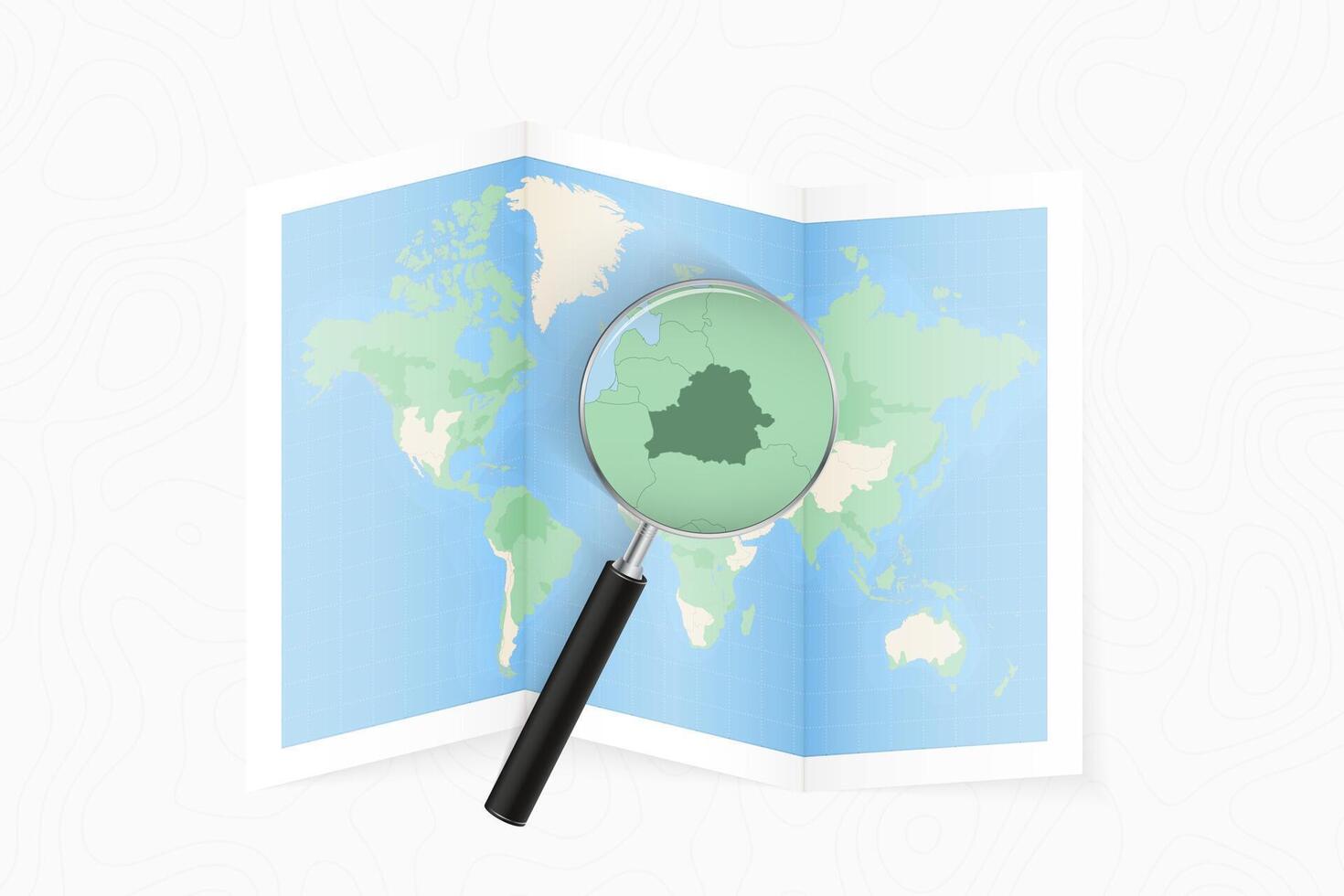 Enlarge Belarus with a magnifying glass on a folded map of the world. vector