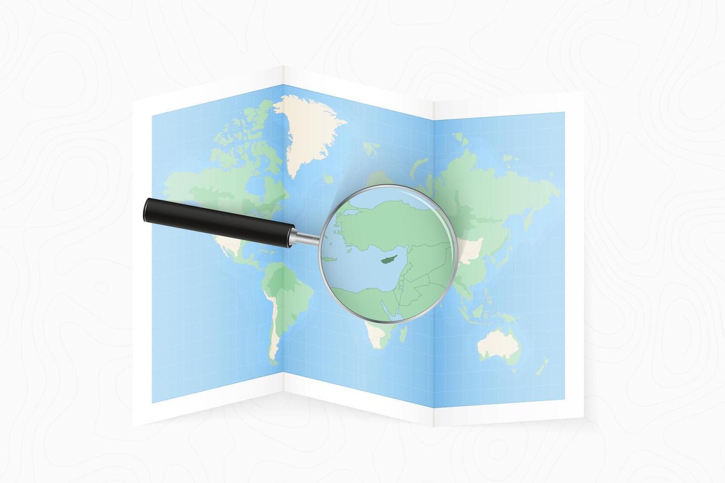 Enlarge Cyprus with a magnifying glass on a folded map of the world. vector