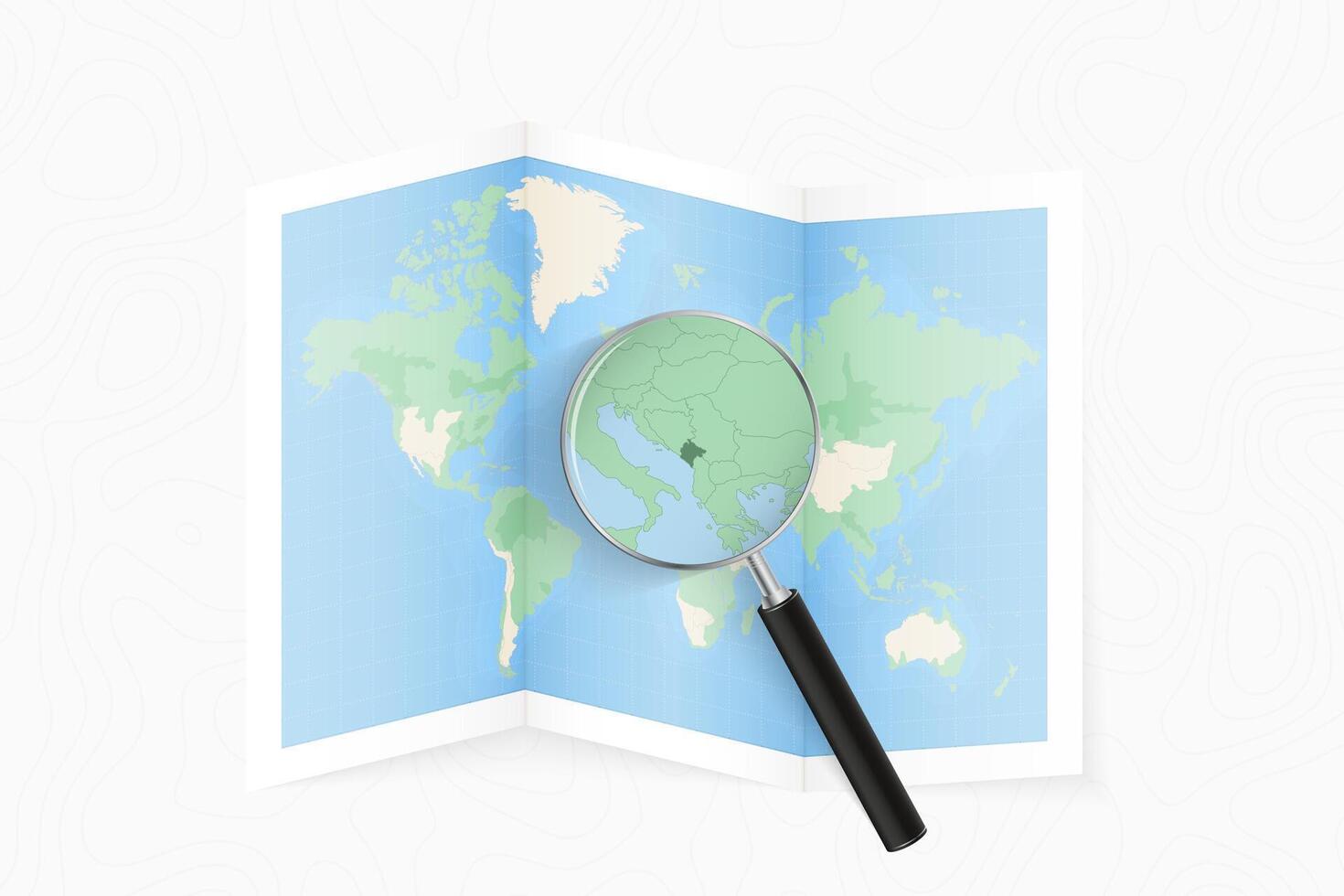 Enlarge Montenegro with a magnifying glass on a folded map of the world. vector