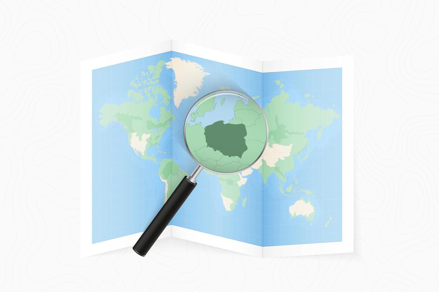 Enlarge Poland with a magnifying glass on a folded map of the world. vector
