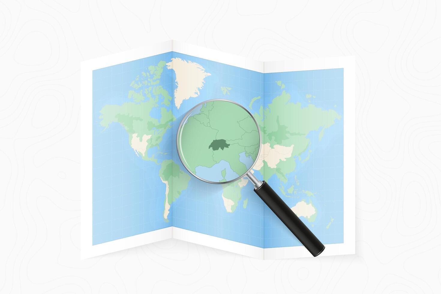 Enlarge Switzerland with a magnifying glass on a folded map of the world. vector