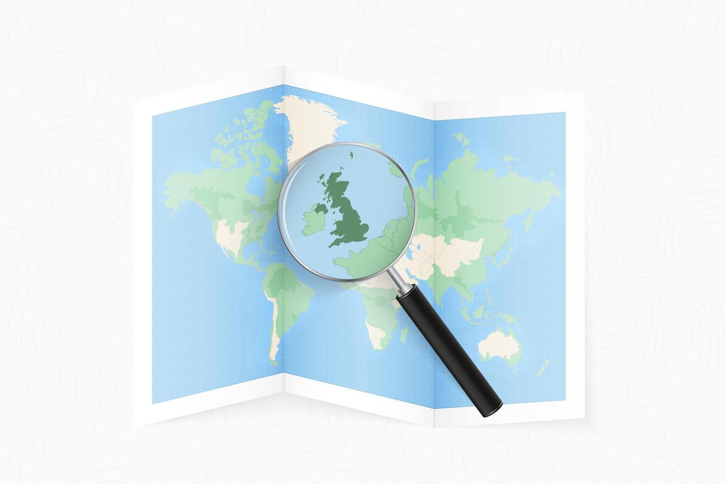 Enlarge United Kingdom with a magnifying glass on a folded map of the world. vector