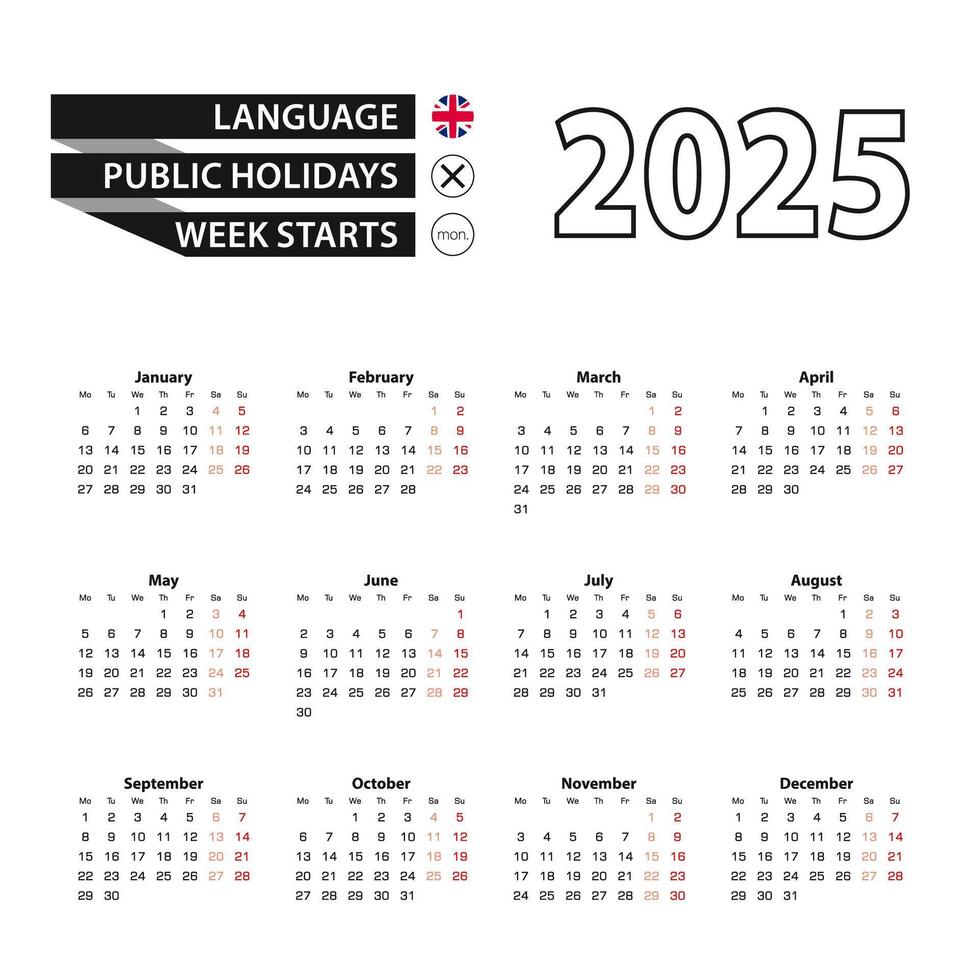 Calendar 2025 in English language, week starts on Monday. vector