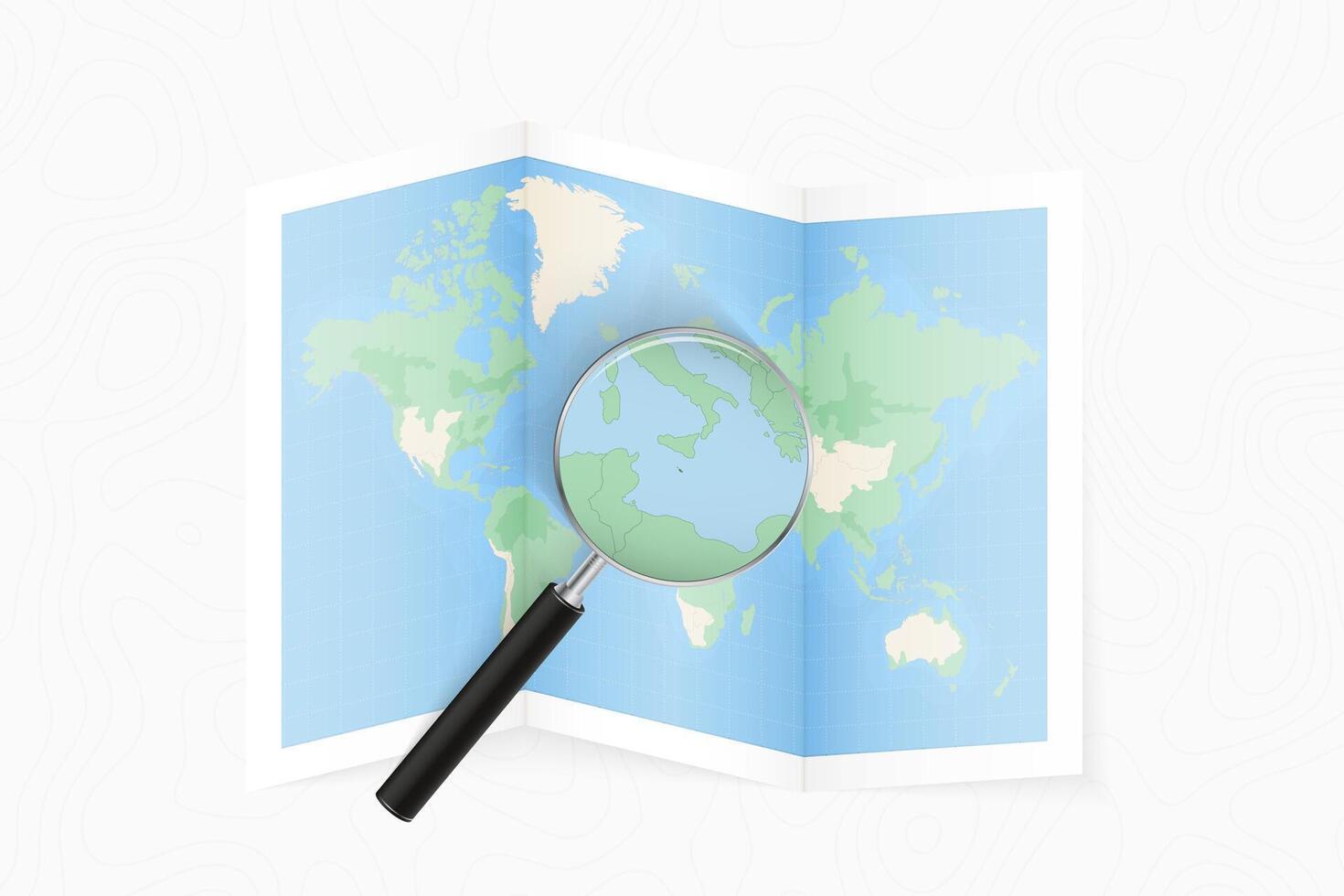 Enlarge Malta with a magnifying glass on a folded map of the world. vector