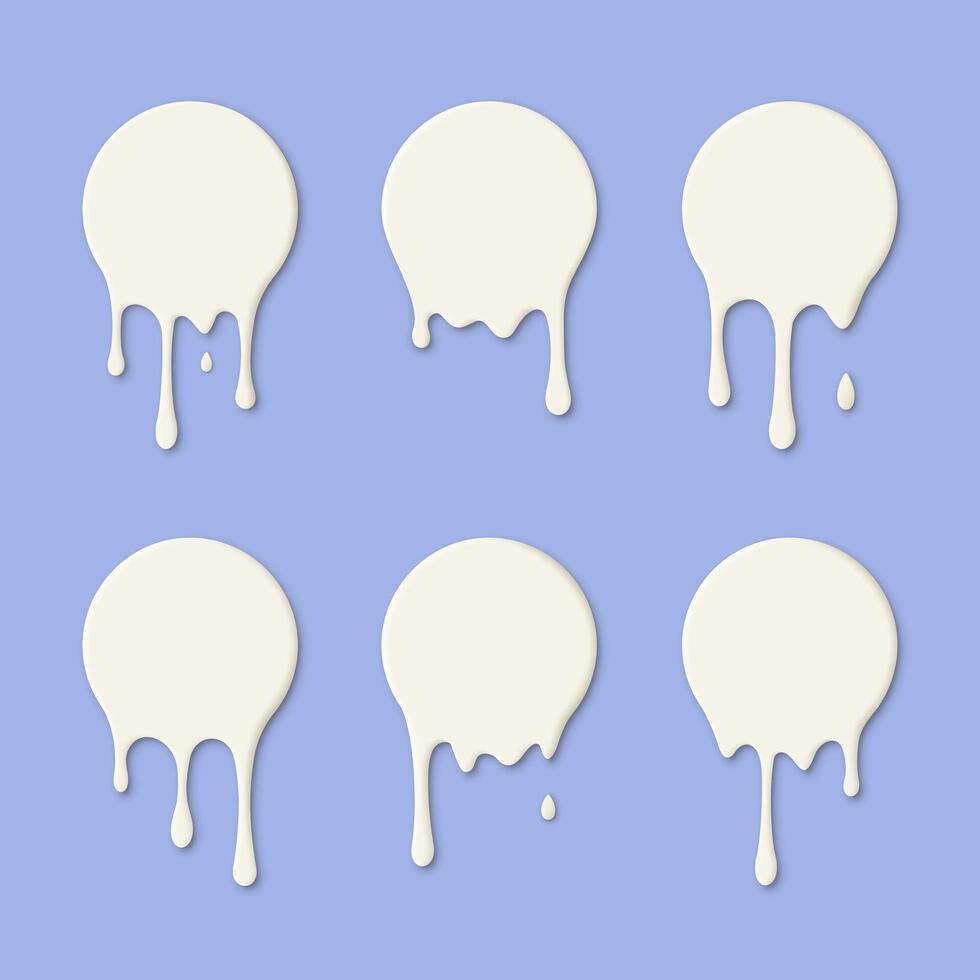 Dripping white viscous liquid around round icons, design element, milk or yogurt flowing down. vector