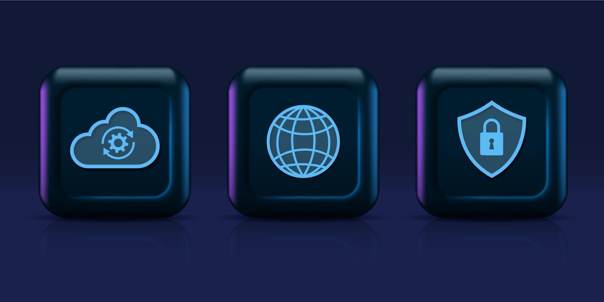 Cloud technology concept. Digital cloud, globe and protective shield icons. Digital security and network service of computing data storage technologies. vector