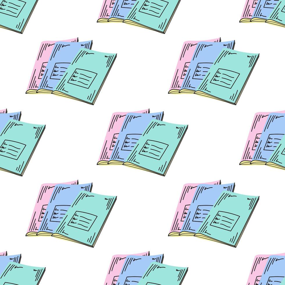 flat style school and office supplies Illustration. Notebooks seamless pattern. Back to School. School essential illustration. vector