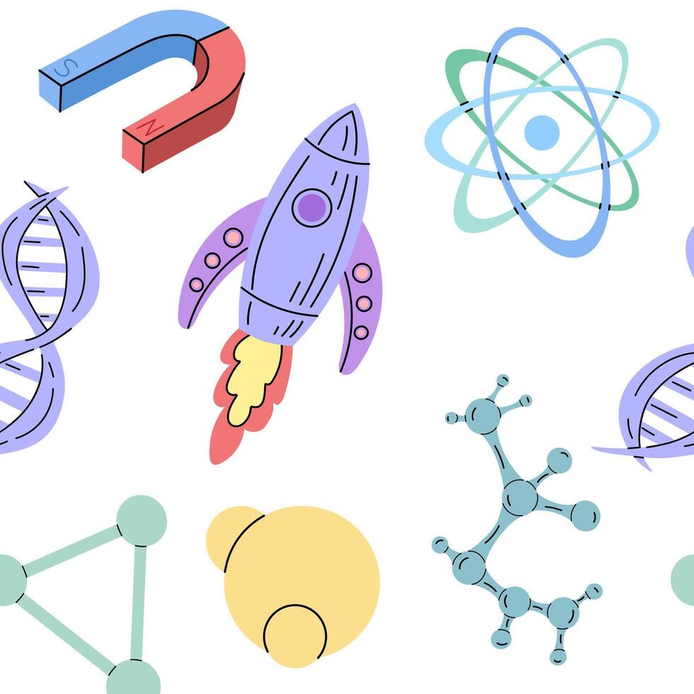 Flat style school Illustration. Atomic structure, molecule, magnet, rocket seamless pattern. Back to School. vector