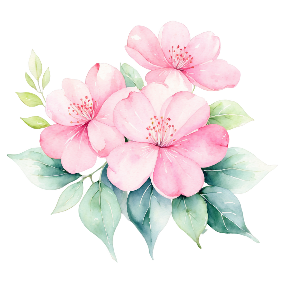 Pink Flowers with Leaves in Watercolor png