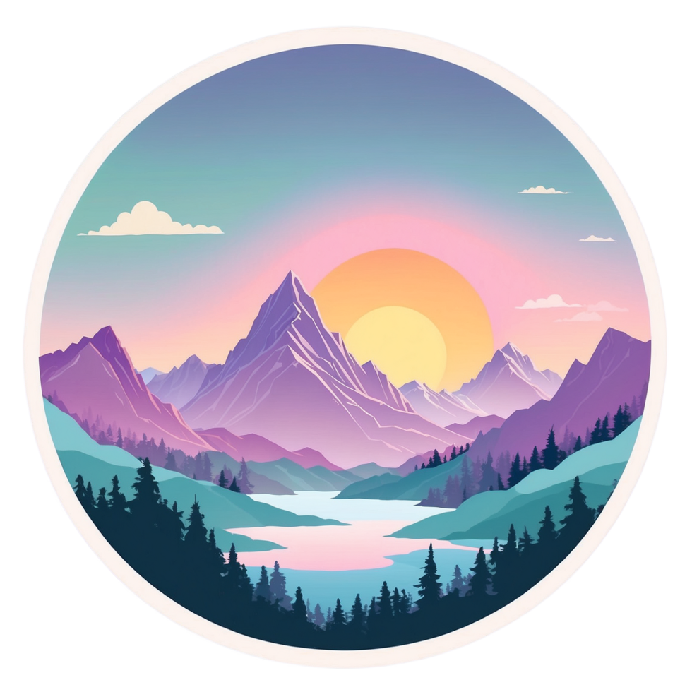 A sun rising and pastel mountains encircling a circular cutout png