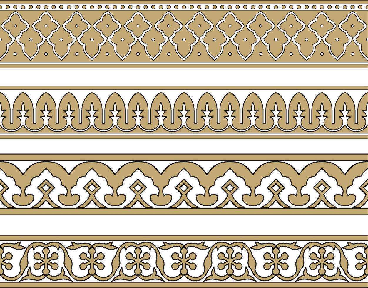 set of endless gold with black national Persian ornaments. Seamless frame, border, ethnic pattern of the peoples of Iran, Iraq, Tajikistan vector