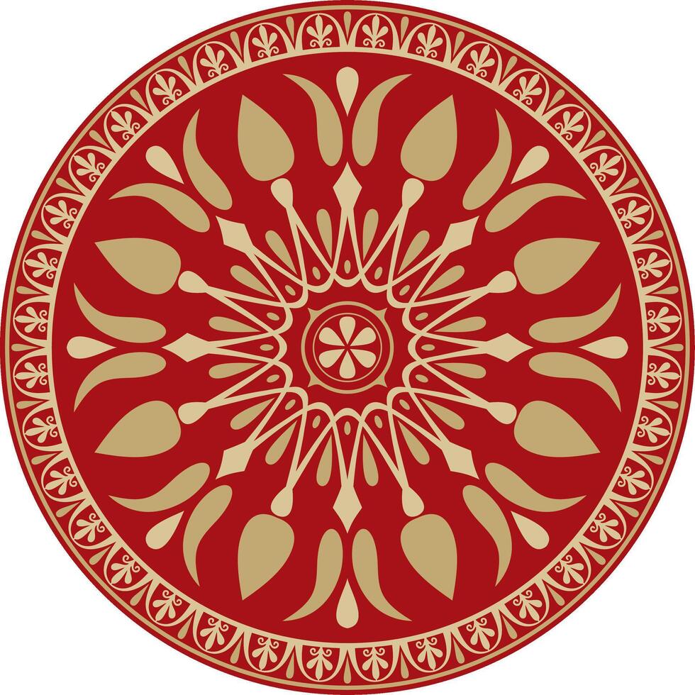 gold with red classic Greek round ornament. Circle of Ancient Greece and the Roman Empire. Byzantine painting of walls, floors and ceilings. Decoration of European palaces. vector