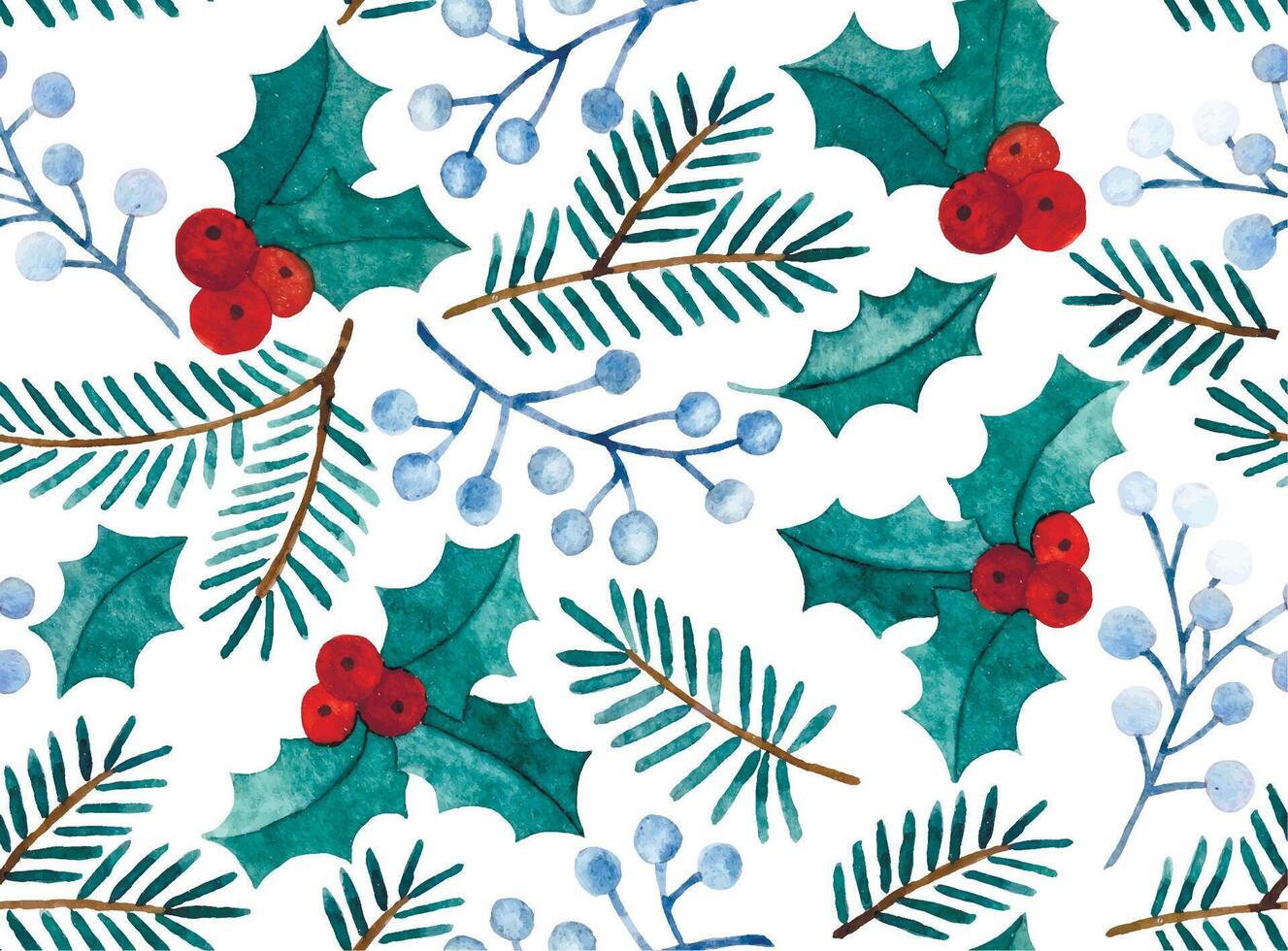 seamless watercolor pattern with Christmas plants. holly and christmas tree branches, cartoon vector
