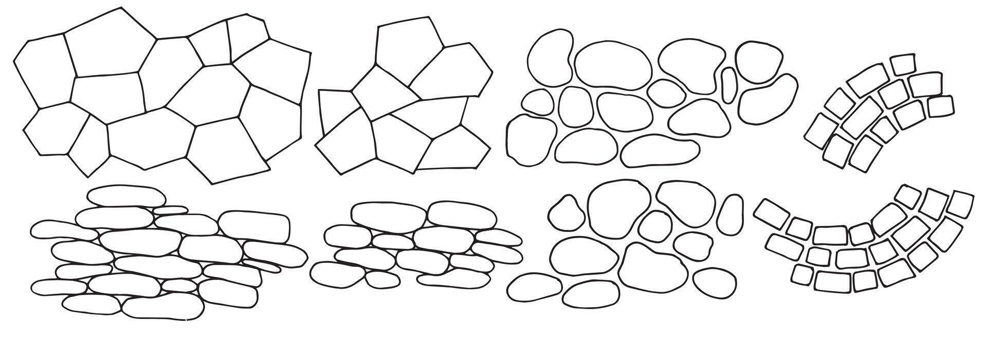 set of textures of stone paving, walls. linear drawing in doodle style. vector