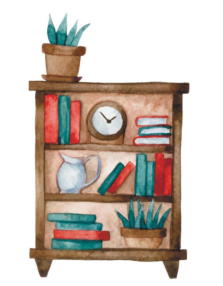 vintage bookcase with books. cute watercolor drawing clipart. cozy home vector