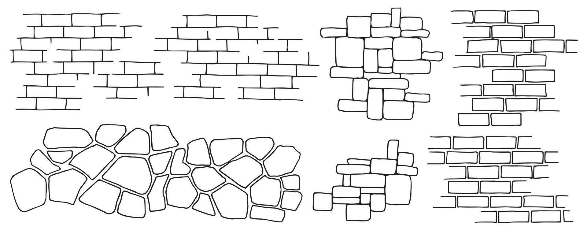 set of brick and stone wall textures, linear drawing in doodle style. vector