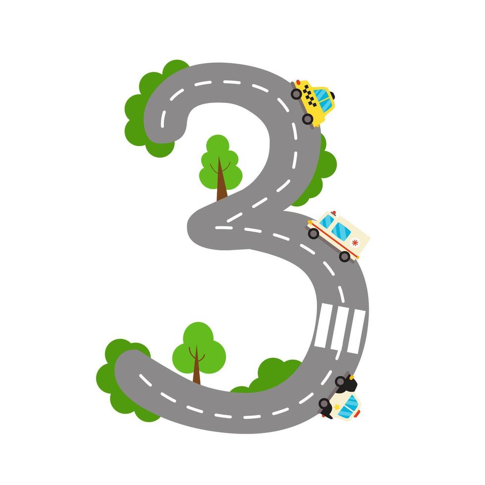 illustration. Road numbers for kids. Number 3. vector