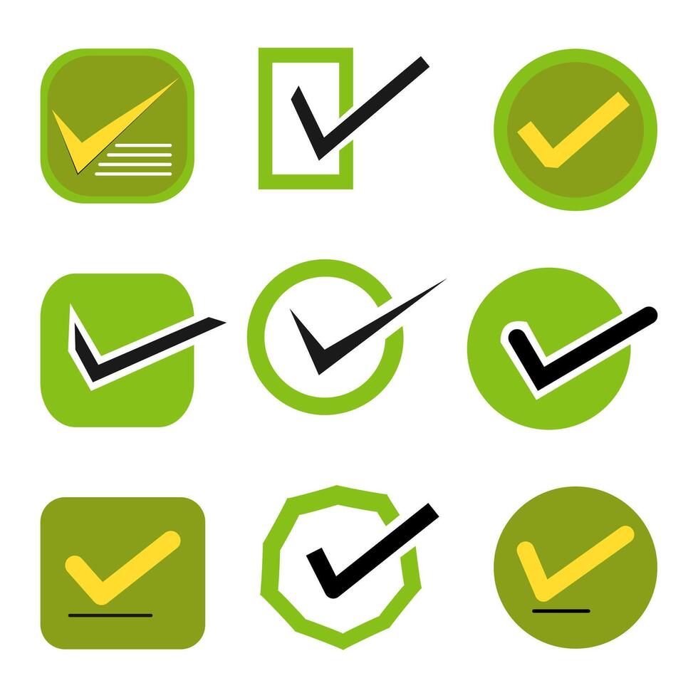 Check mark icon set, correct sign, green approval check symbol for navigation or infographic element in a design project. vector