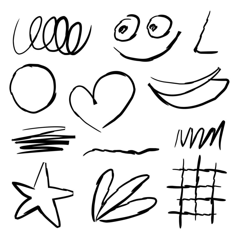 Hand drawn collection of different diary scribble Lines and elements. Underline, rough brush strokes, star, heart, circle, grid, emoji and abstract lines for scribbling pad. vector