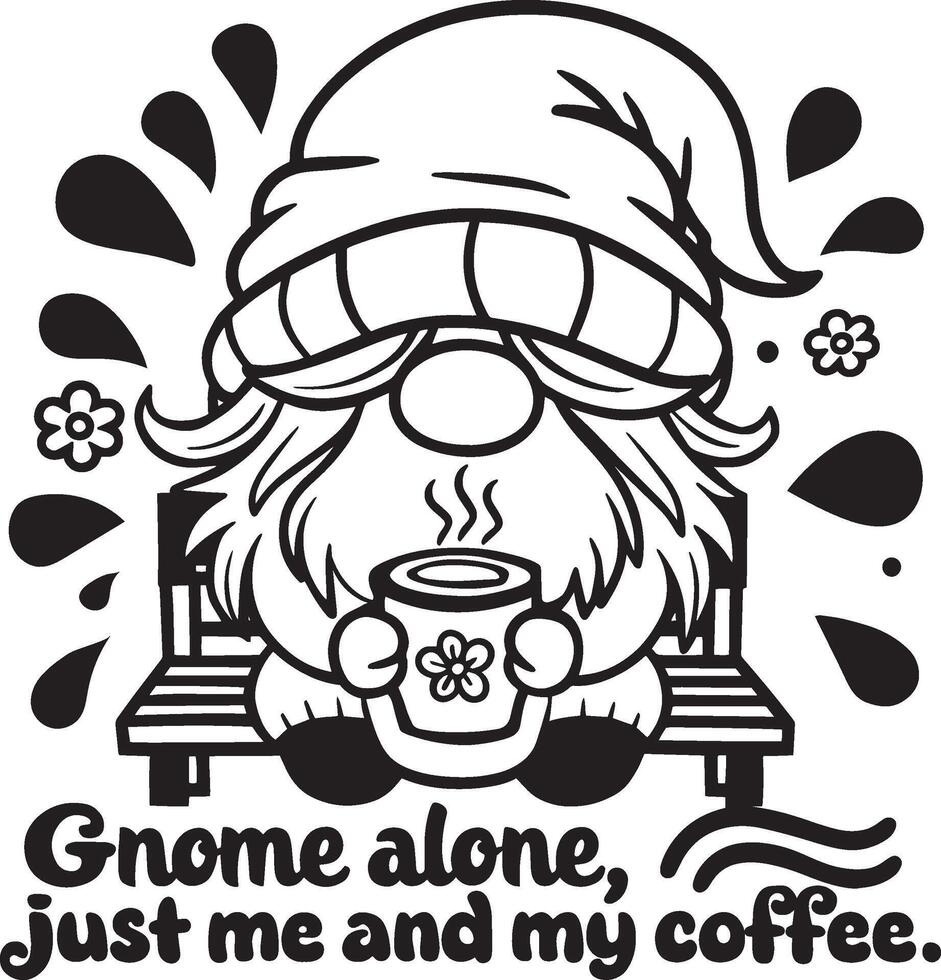 Gnome on Bench with Coffee and Gnome Alone Text vector