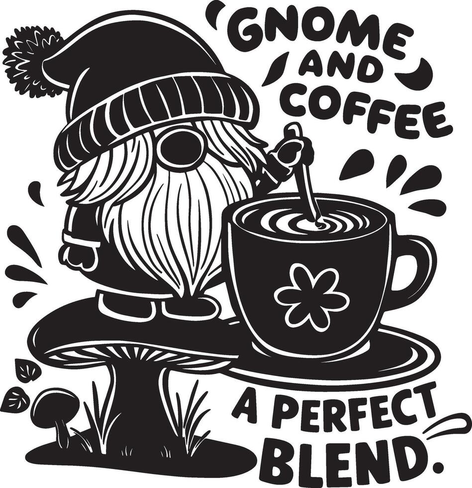 Gnome Stirring Coffee on Mushroom with Perfect Blend Text vector