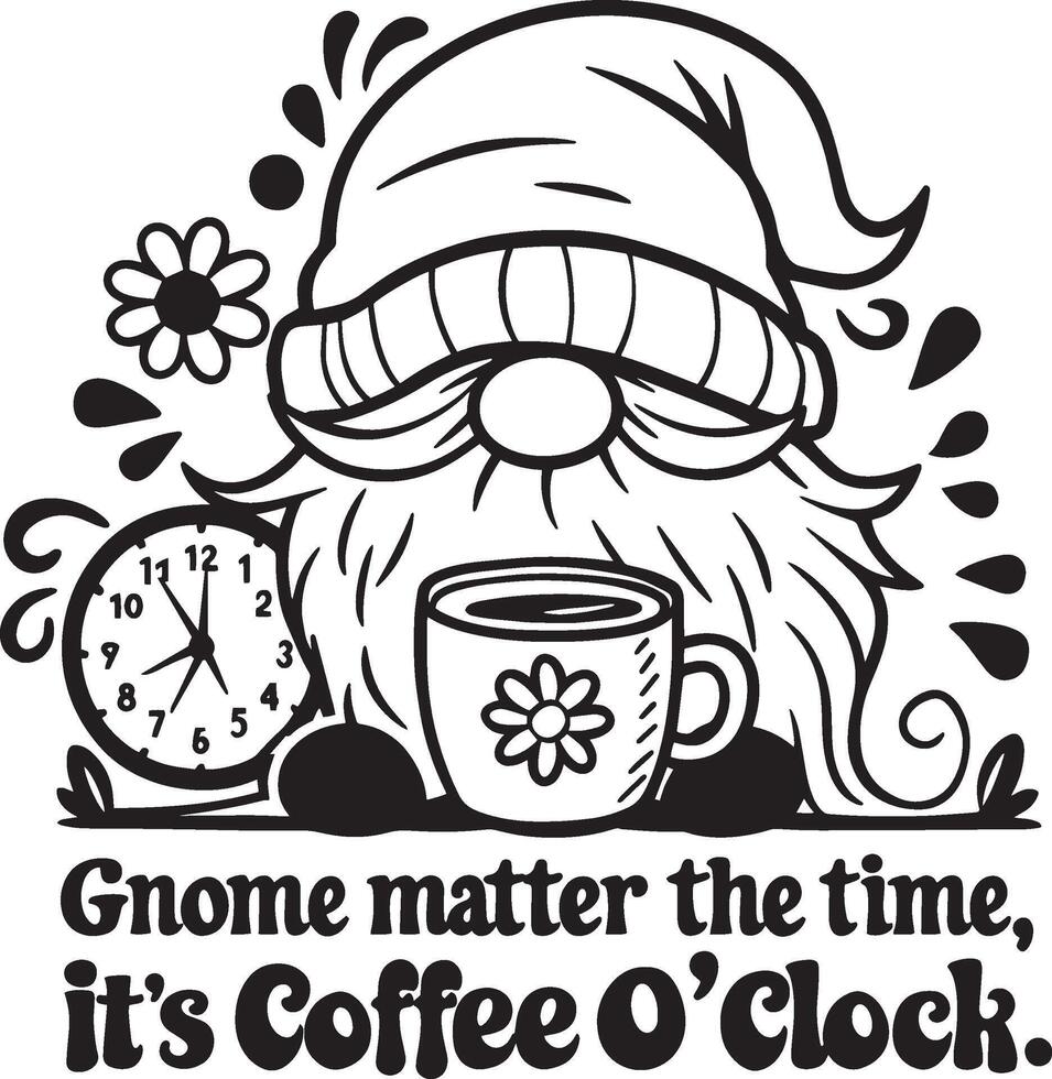 Gnome with Coffee and Clock and Coffee O'Clock Text vector