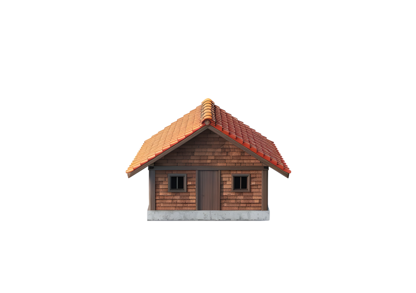 Rustic wooden cabin with red tiled roof. Isolated on transparent background png