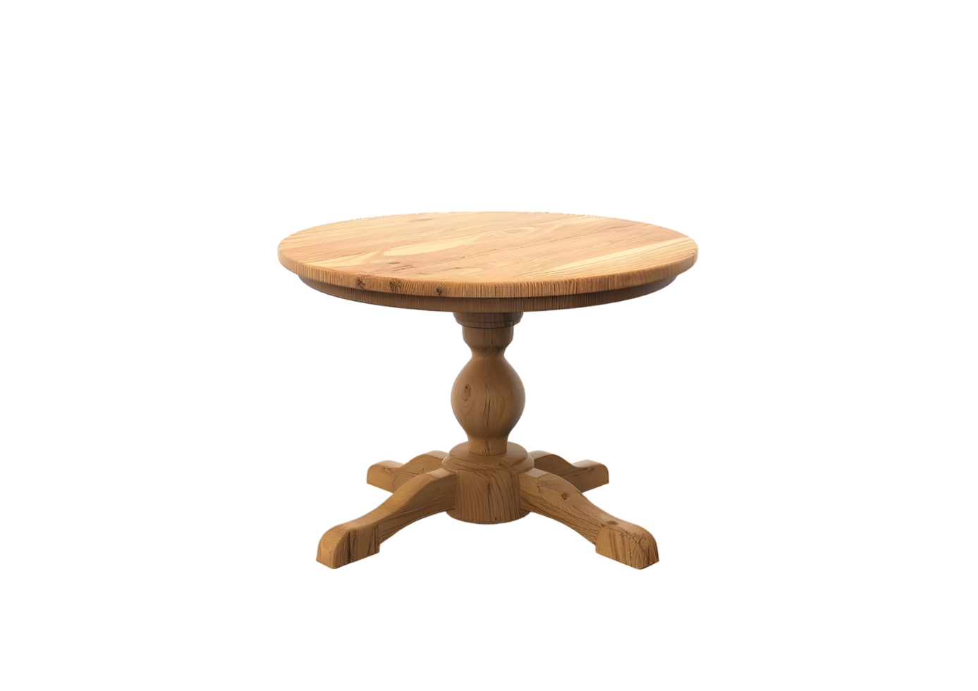 Rustic wooden table with pedestal base. Isolated on transparent background png