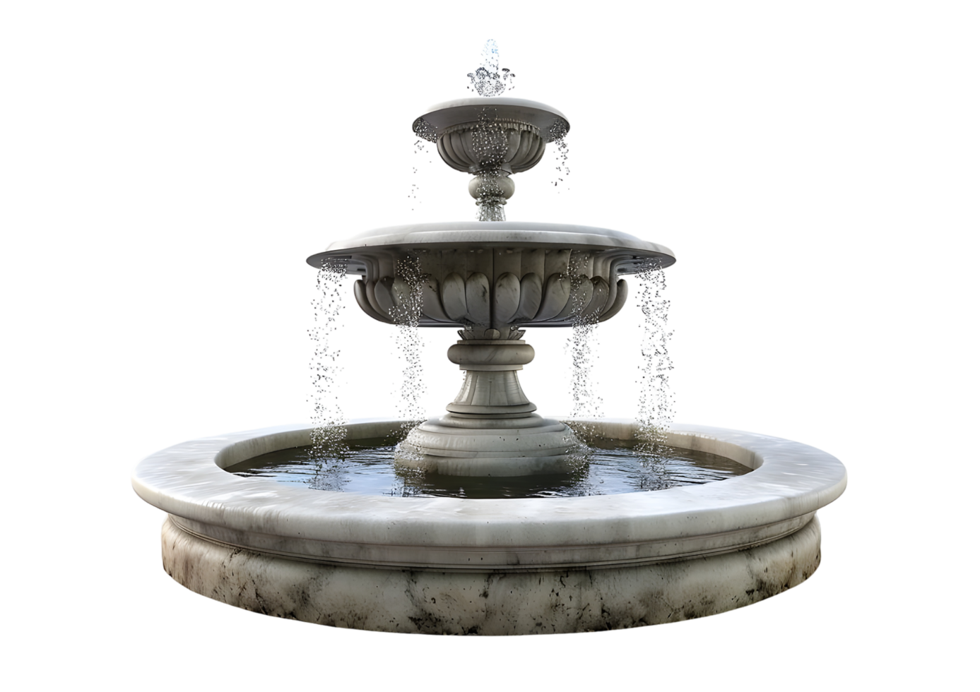Ornate stone fountain with cascading water. Isolated on transparent background png