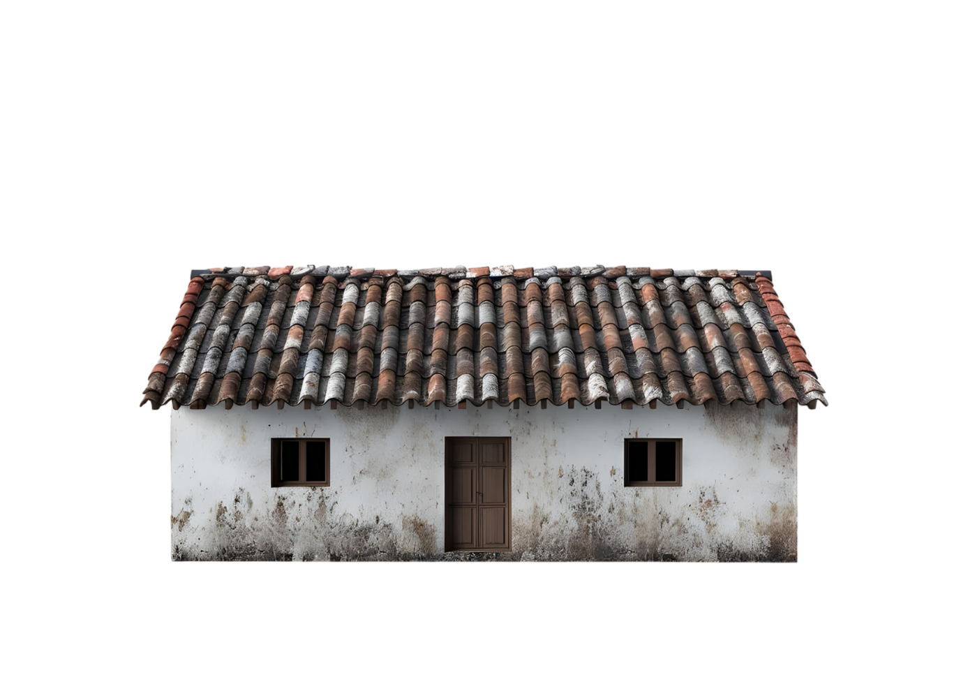 Old weathered house facade with tiled roof. Isolated on transparent background png