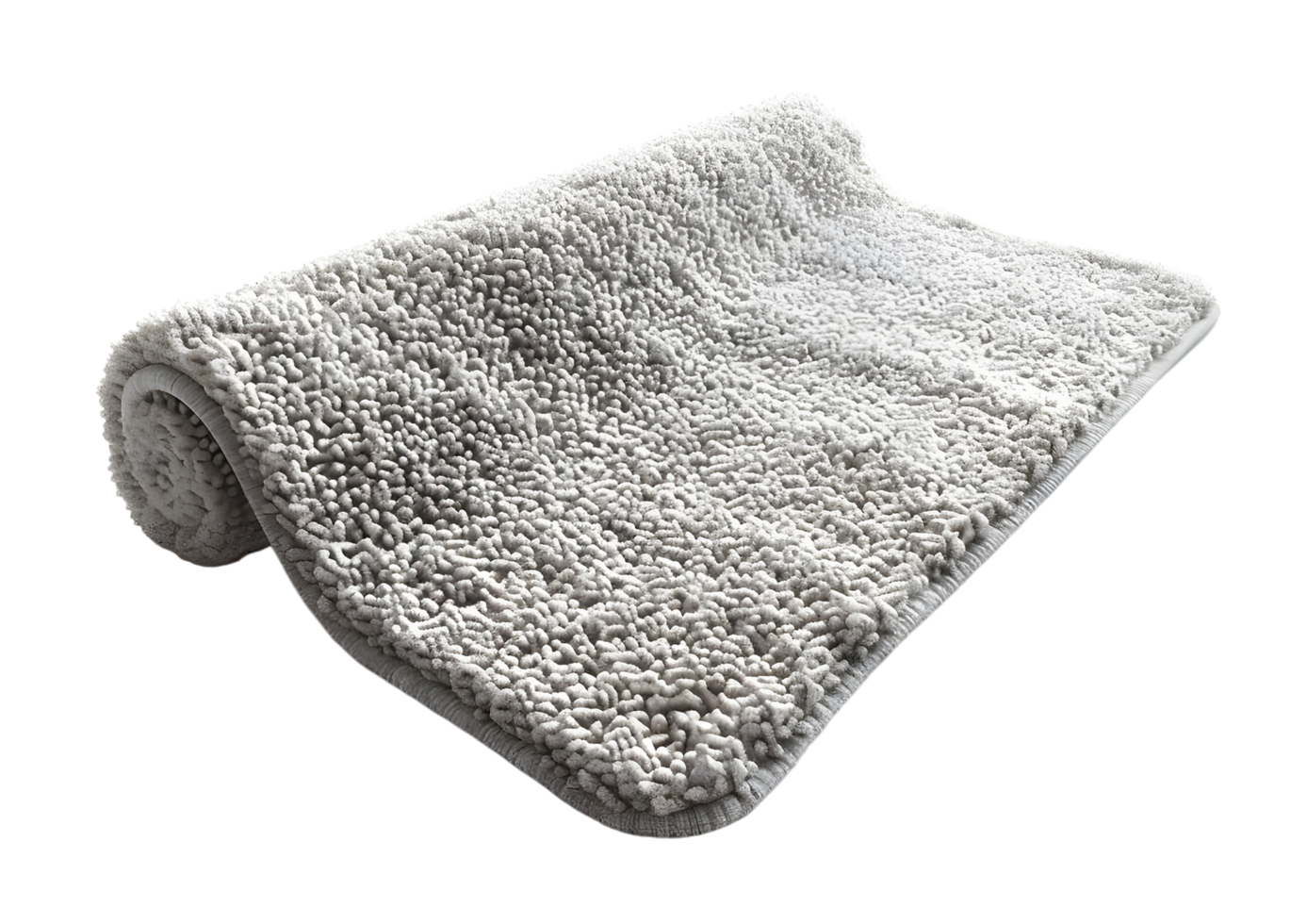 Rolled up fluffy gray bath mat. Isolated on transparent background png
