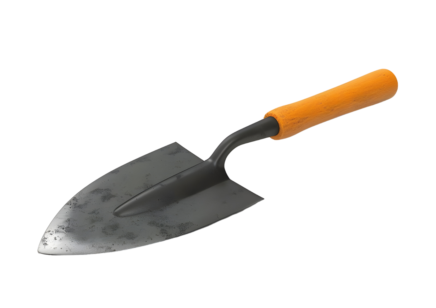 Close-up of a rusty garden trowel with a wooden handle. Isolated on transparent background png