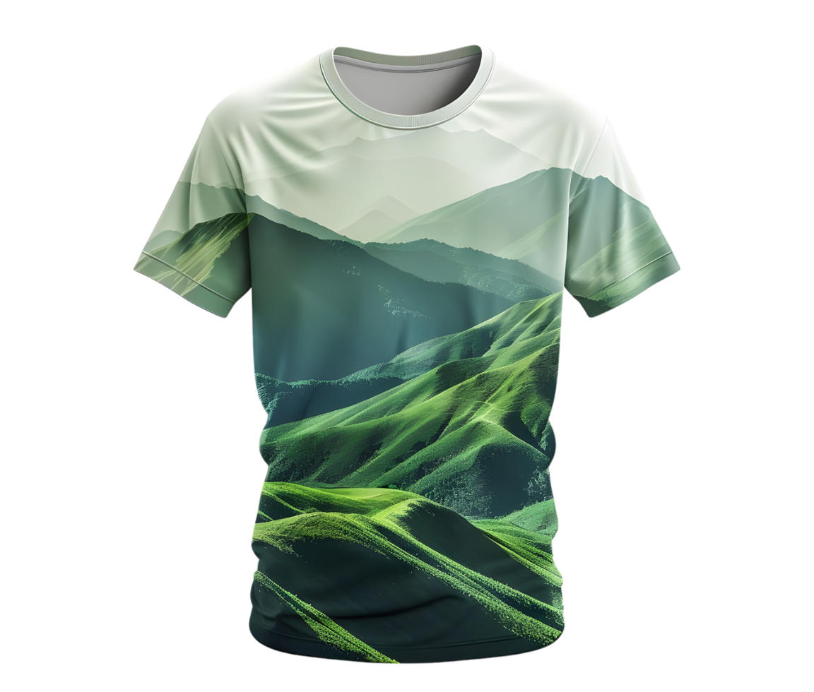 Green mountain landscape printed on t-shirt mockup. Isolated on transparent background png