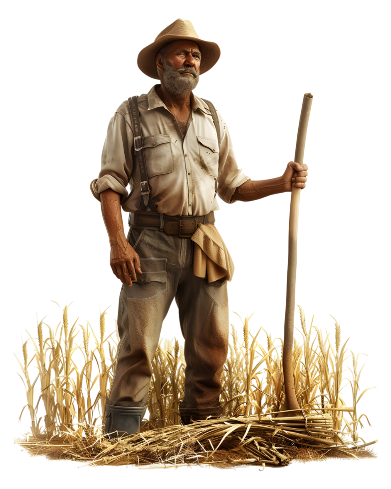 Elderly farmer standing in a field of wheat. Isolated on transparent background png