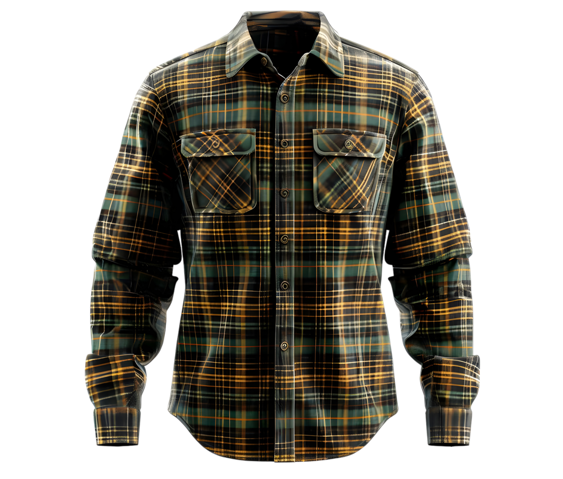 Green and Yellow Plaid Flannel Shirt. Isolated on transparent background png