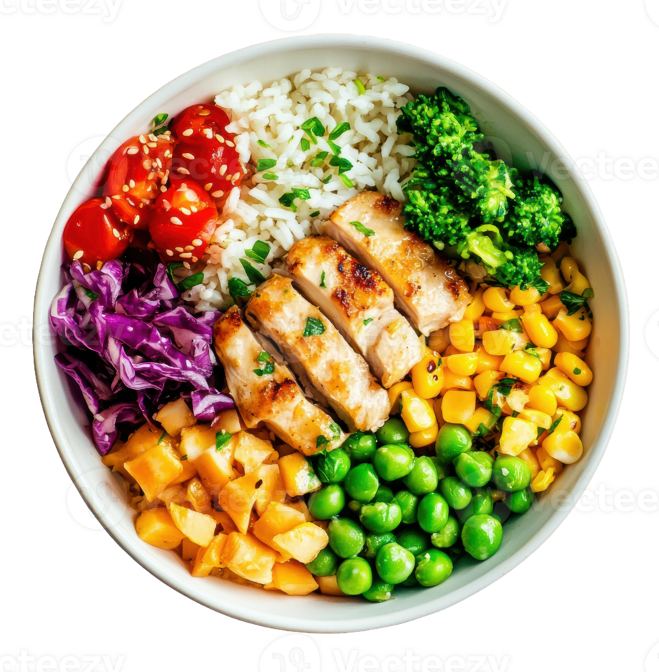 Colorful bowl of grilled chicken, rice, and fresh vegetables with a variety of toppings, cut out - stock . png