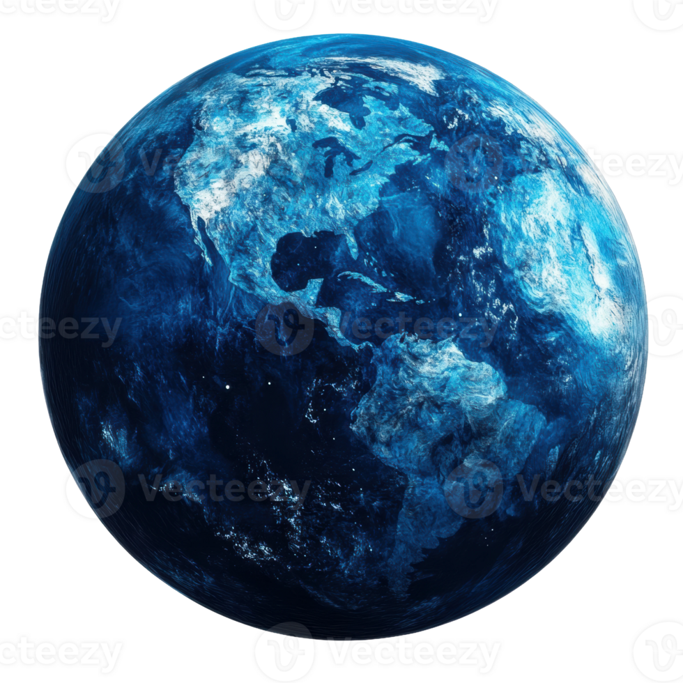 Earth viewed from space displaying vivid blue oceans and white polar ice caps at dusk, cut out - stock . png