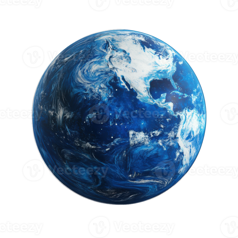 Blue planet Earth viewed from space with swirling clouds and oceans, cut out - stock . png